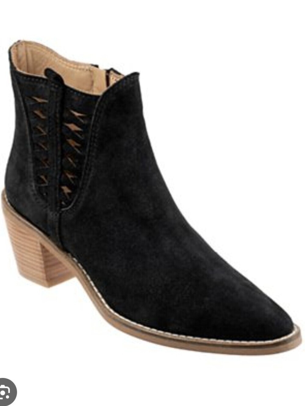 Paul Green Bueno Black Suede Cutout Ankle Boot with Stacked Heel